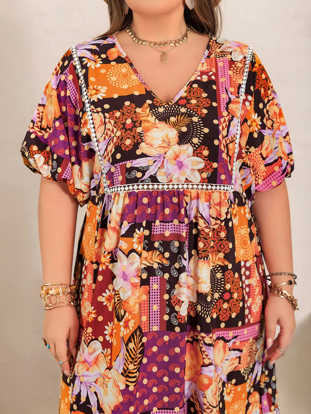 Plus Size Printed V-Neck Half Sleeve Maxi Dress - LoveNest Treasures
