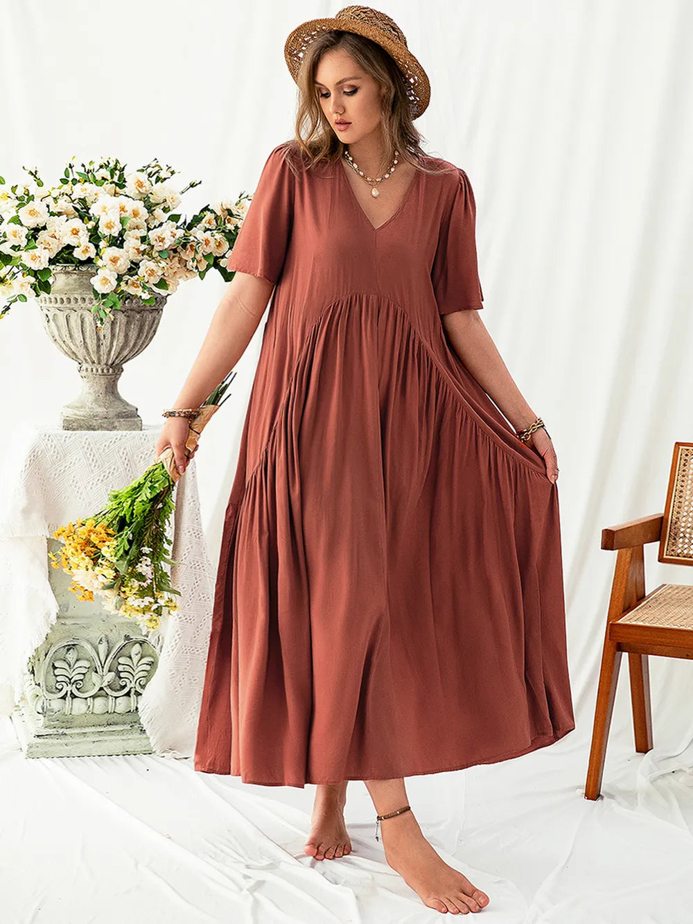 Plus Size V-Neck Flutter Sleeve Midi Dress - LoveNest Treasures