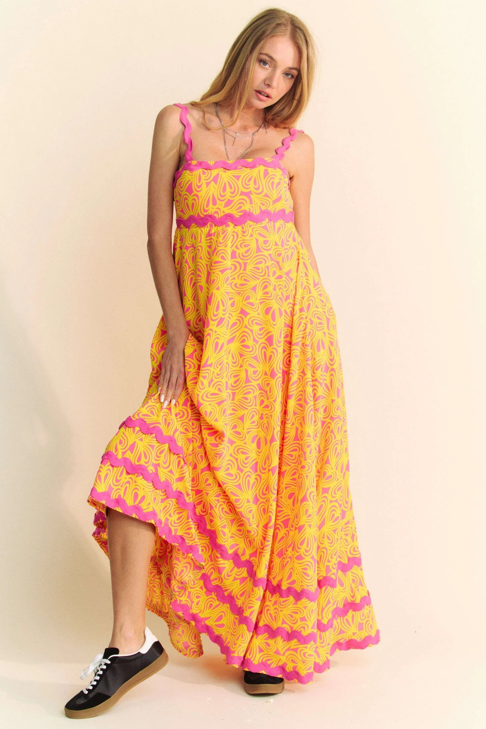 Davi & Dani Geo 2 Tone Printed Wavi Trim Tiered Maxi Dress - LoveNest Treasures