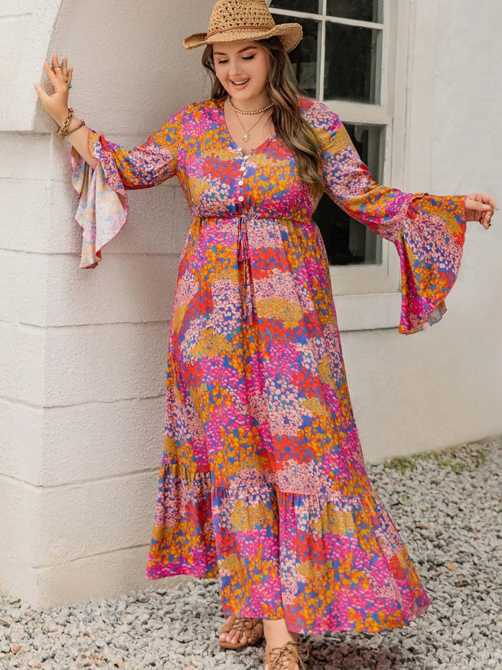 Plus Size Printed V-Neck Long Sleeve Maxi Dress - LoveNest Treasures