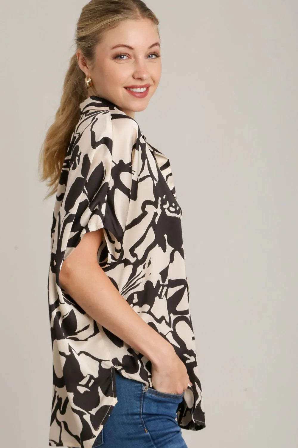 Umgee Full Size Two Tone Print Button Down Top with Hidden Plackets Plus Size - LoveNest Treasures