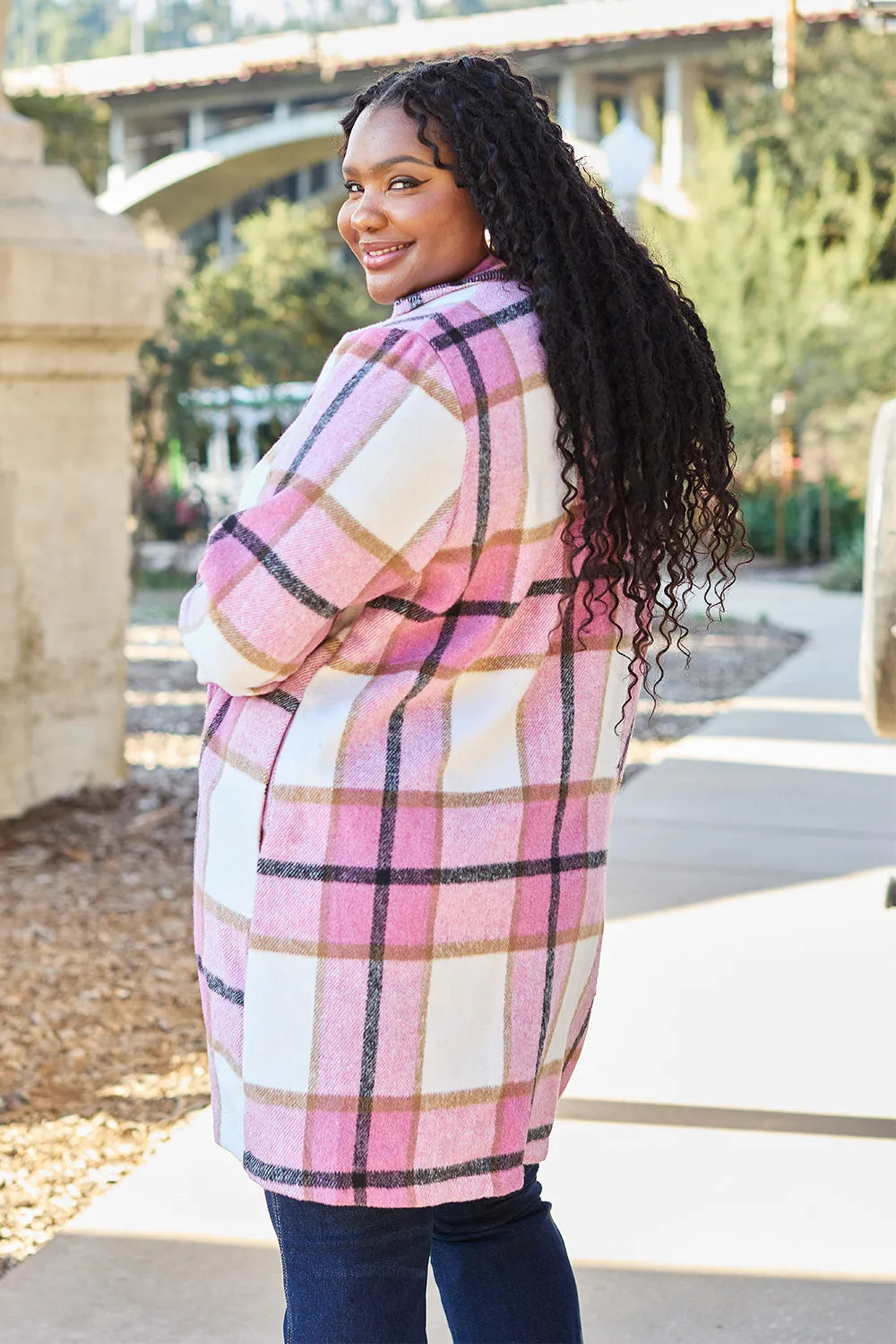 Double Take Full Size Plaid Button Up Lapel Collar Coat - LoveNest Treasures