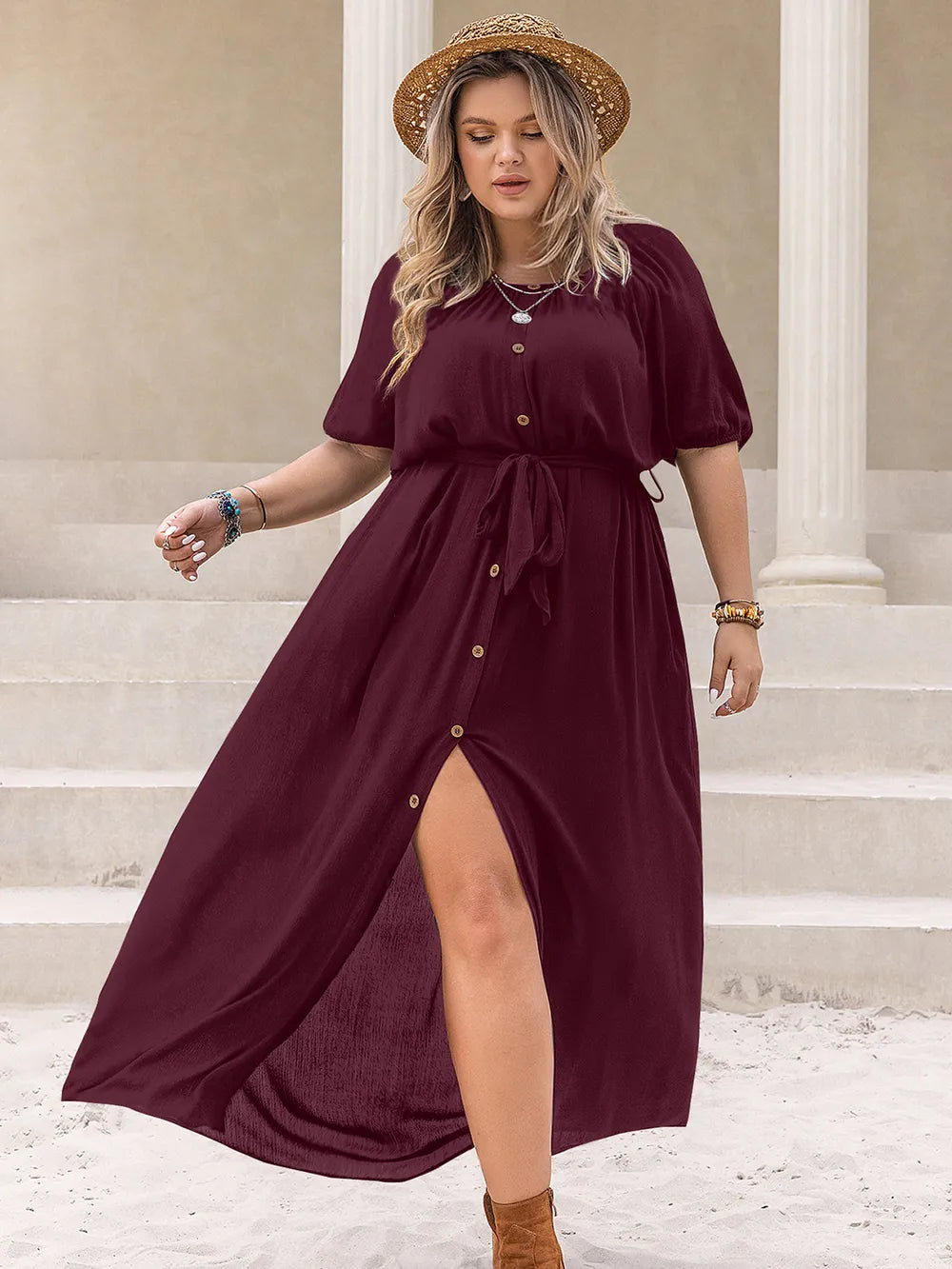 Plus Size Round Neck Half Sleeve Dress - LoveNest Treasures