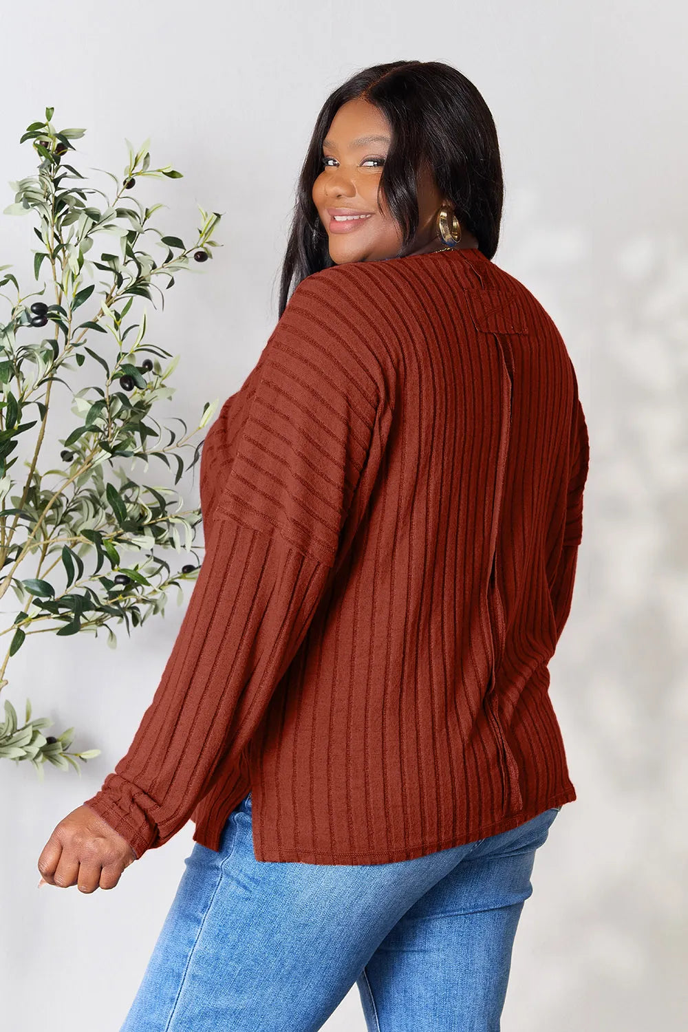 Basic Bae Full Size Ribbed Round Neck Slit Knit Top - LoveNest Treasures