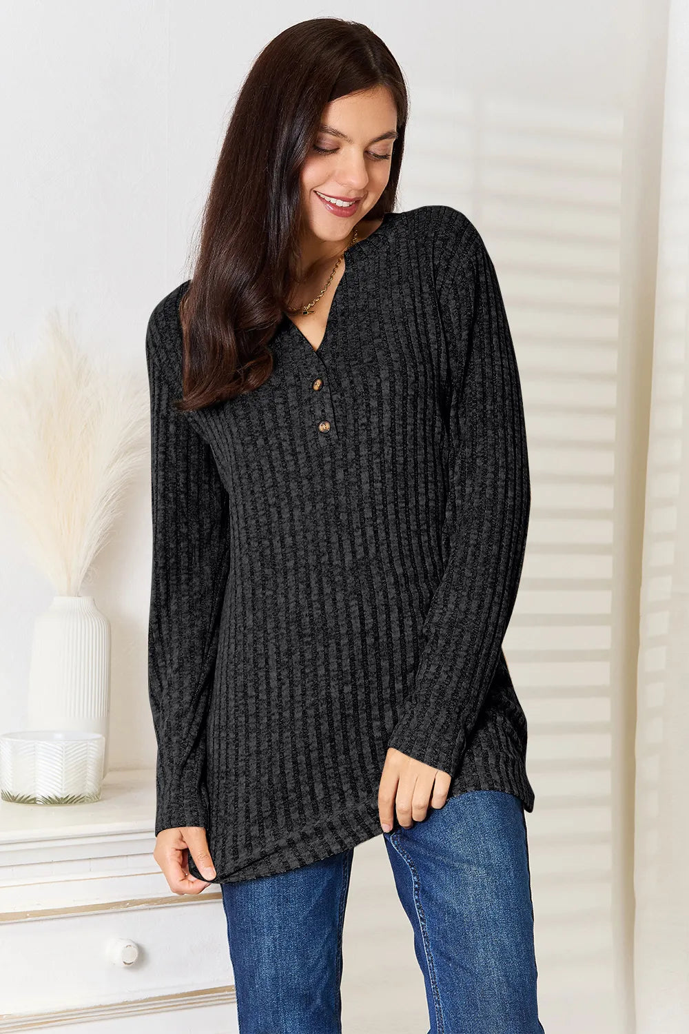 Double Take Notched Neck Ribbed Long Sleeve T-Shirt - LoveNest Treasures