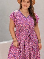 Plus Size Printed V-Neck Flutter Sleeve Tie Waist Maxi Dress - LoveNest Treasures