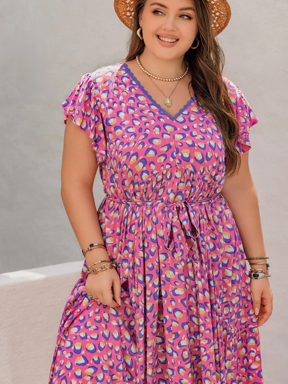 Plus Size Printed V-Neck Flutter Sleeve Tie Waist Maxi Dress - LoveNest Treasures
