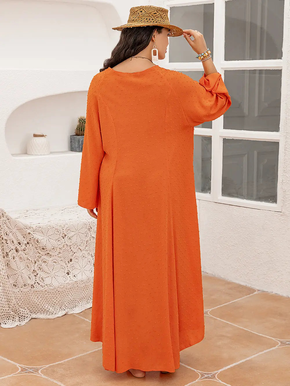 Plus Size Tie Neck Long Sleeve Slit Dress - LoveNest Treasures