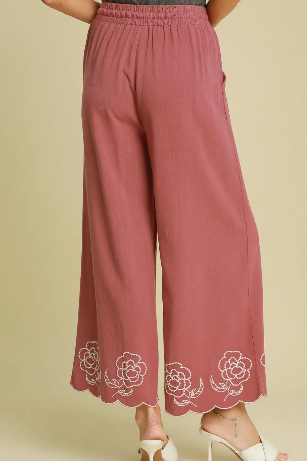Umgee Full Size Linen Blend Wide Leg Pants with Scalloped Hemline Plus Size - LoveNest Treasures