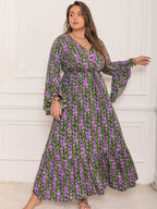 Plus Size Printed V-Neck Long Sleeve Maxi Dress - LoveNest Treasures