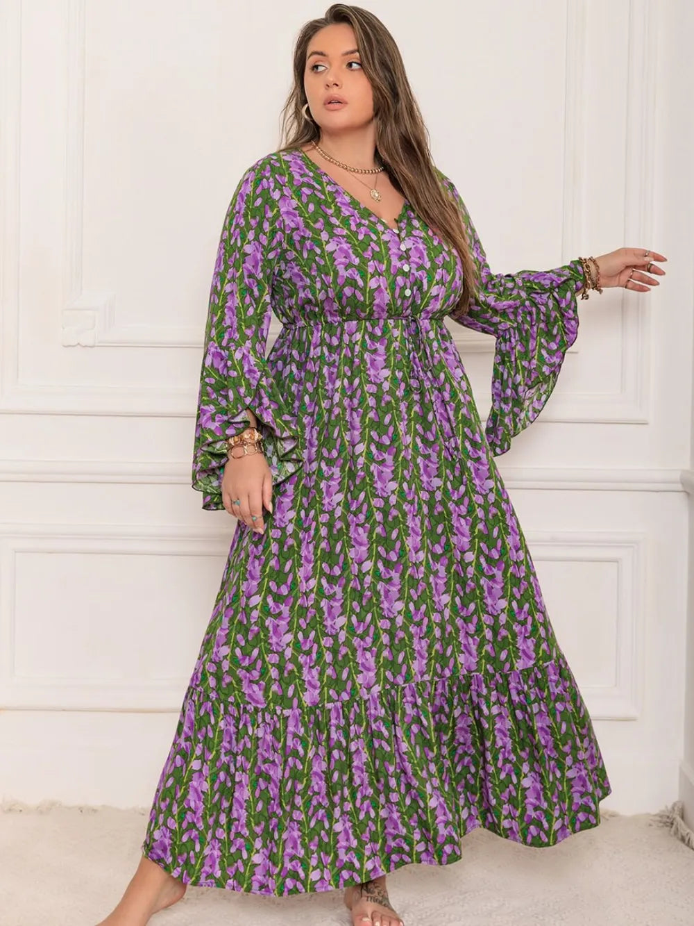 Plus Size Printed V-Neck Long Sleeve Maxi Dress - LoveNest Treasures
