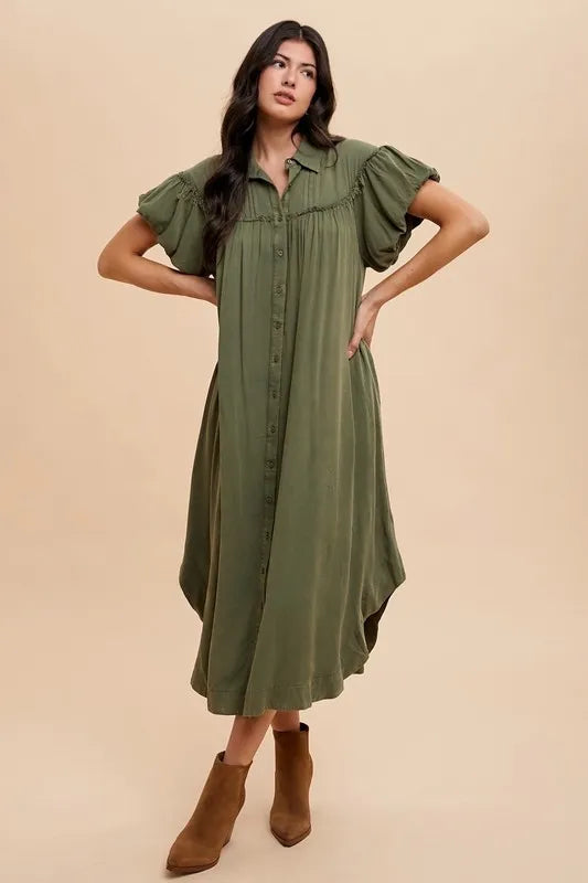 Annie Wear Mineral Washed Button Down Puff Sleeve Shirt Dress - LoveNest Treasures