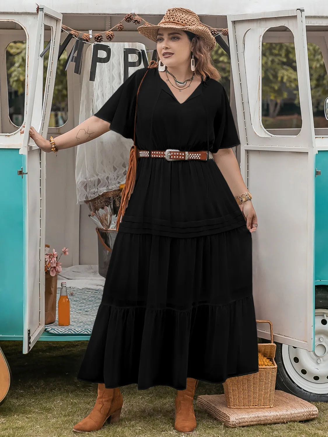Plus Size Tie Neck Flutter Sleeve Dress - LoveNest Treasures