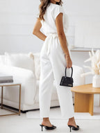 Surplice Cap Sleeve Tie Waist Jumpsuit - LoveNest Treasures