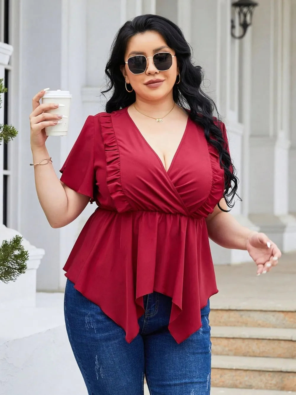 Plus Size Frill Surplice Flutter Sleeve Blouse - LoveNest Treasures