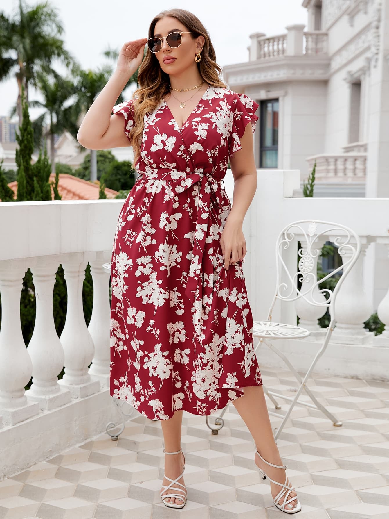 Honey Plus Size Floral Tie Waist Surplice Neck Midi Dress - LoveNest Treasures