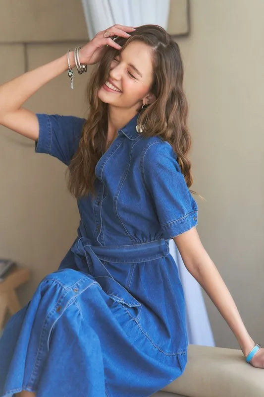 ADORA Tiered Button Down Tie Waist Short Sleeve Denim Dress - LoveNest Treasures
