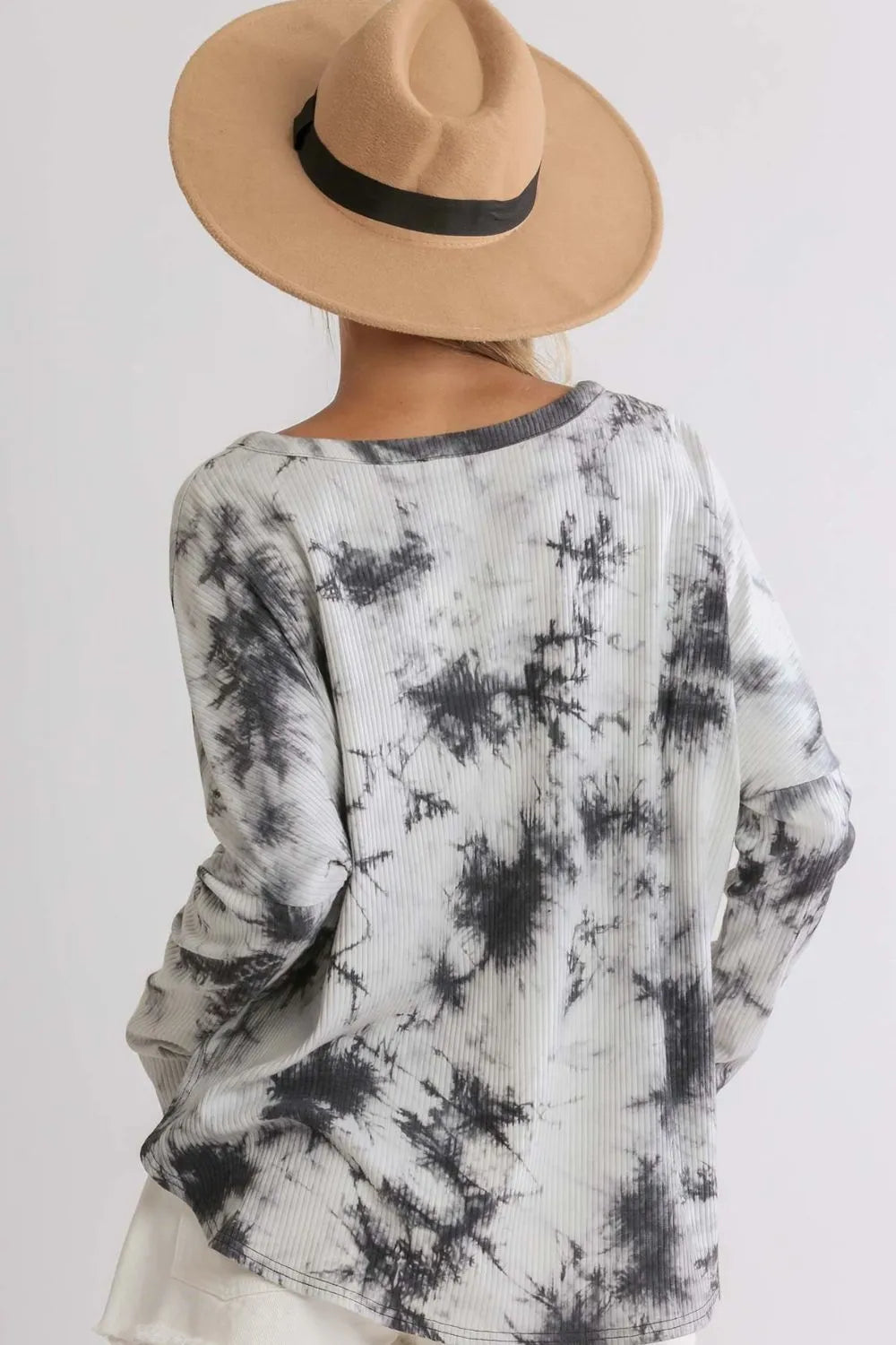 Umgee Full Size Tie Dye Round Neck Ribbed Button Front Top Plus Size - LoveNest Treasures