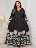 Honey Plus Size Printed V-Neck Long Sleeve Maxi Dress - LoveNest Treasures