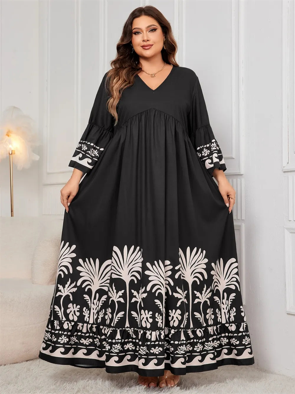 Honey Plus Size Printed V-Neck Long Sleeve Maxi Dress - LoveNest Treasures