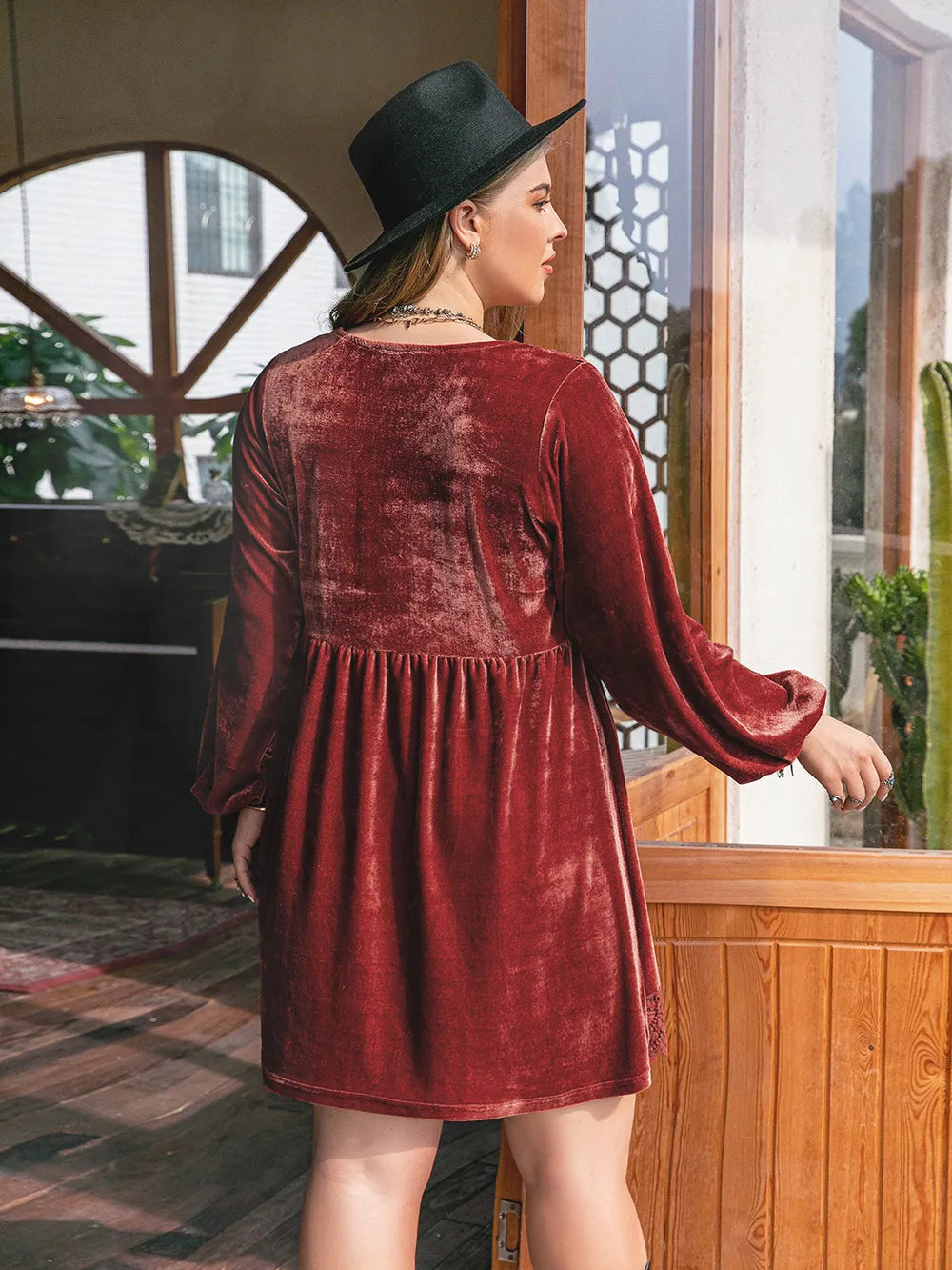 Plus Size Lace Detail V-Neck Long Sleeve Mini Dress - LoveNest Treasures