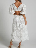 Cutout Back Lace Crochet V-Neck Dress - LoveNest Treasures