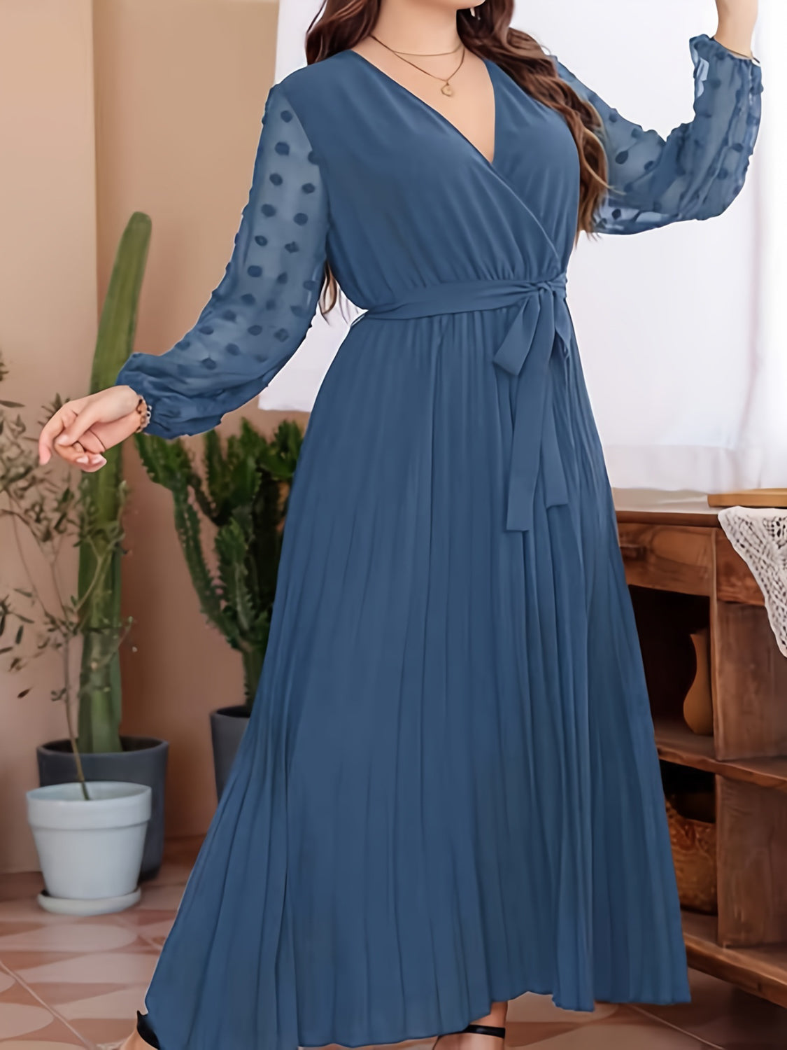 Plus Size Swiss Dot Tie Waist Maxi Dress - LoveNest Treasures