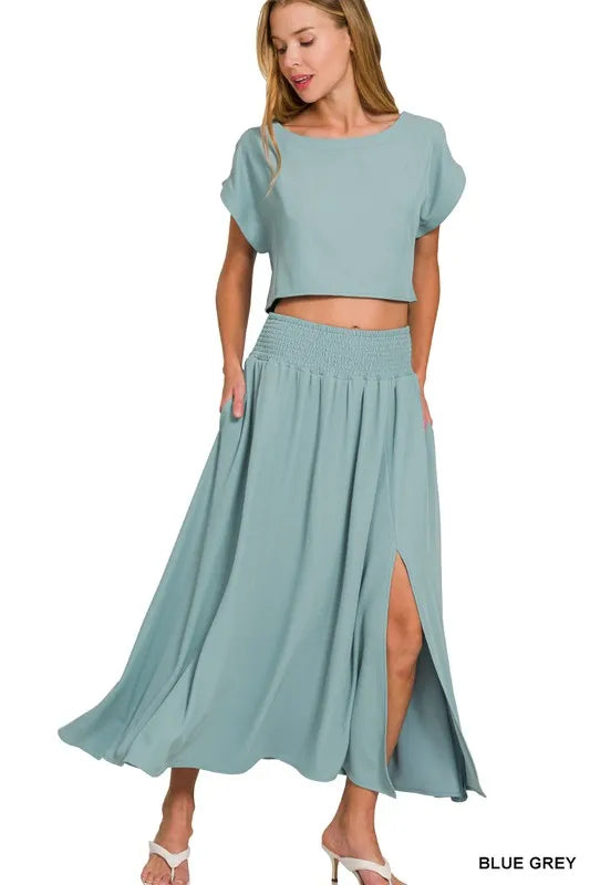 Zenana Heavy Woven Span Crop Tee & Skirt Set - LoveNest Treasures