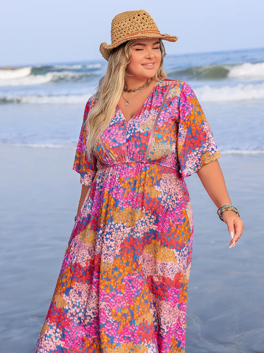 Plus Size Printed V-Neck Half Sleeve Maxi Dress - LoveNest Treasures