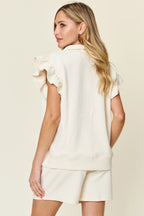 Double Take Full Size Texture Flounce Sleeve Top and Drawstring Shorts Set - LoveNest Treasures