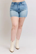 Judy Blue Full Size High Waist Western Embroidery Detail Cut Off Denim Shorts Plus Size - LoveNest Treasures