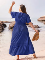 Plus Size Lace Detail Tie Neck Short Sleeve Maxi Dress - LoveNest Treasures