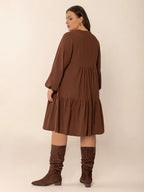 Plus Size Tie Neck Balloon Sleeve Tiered Dress - LoveNest Treasures