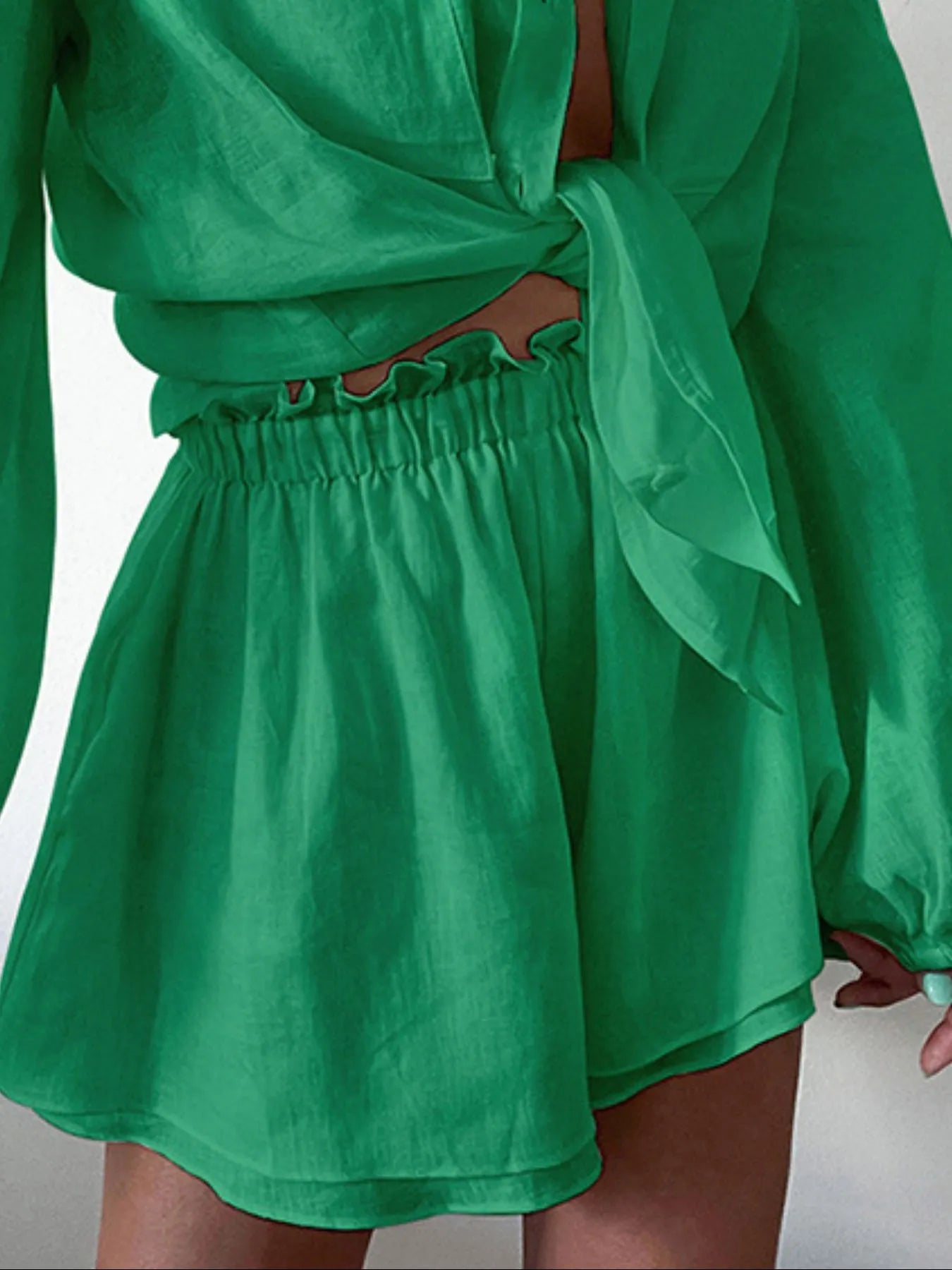 Full Size Button Up Balloon Sleeve Top and Shorts Set Plus Size - LoveNest Treasures