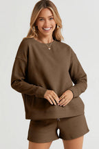 Double Take Full Size Texture Long Sleeve Top and Drawstring Shorts Set - LoveNest Treasures
