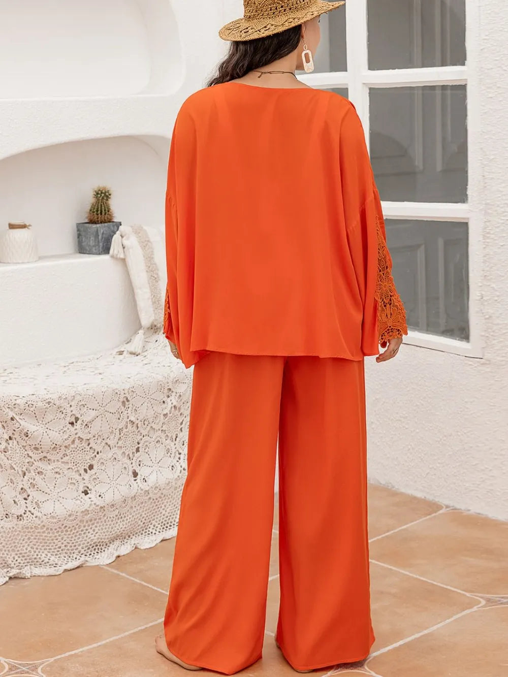 Plus Size Lace Detail Long Sleeve Top and Pants Set - LoveNest Treasures
