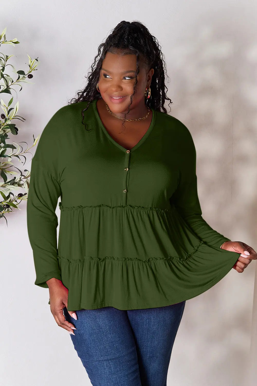 Double Take Half Button Long Sleeve Ruffle Hem Blouse - LoveNest Treasures