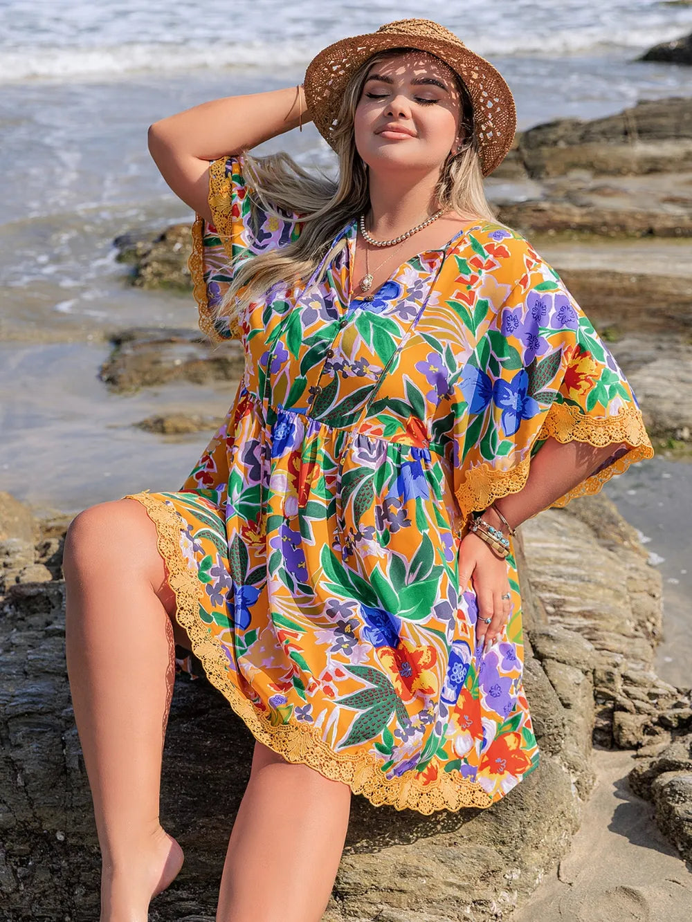 Plus Size Lace Detail Printed Tie Neck Half Sleeve Dress - LoveNest Treasures
