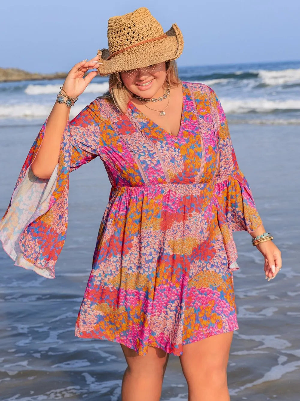 Plus Size Ruched Printed Long Sleeve Dress - LoveNest Treasures