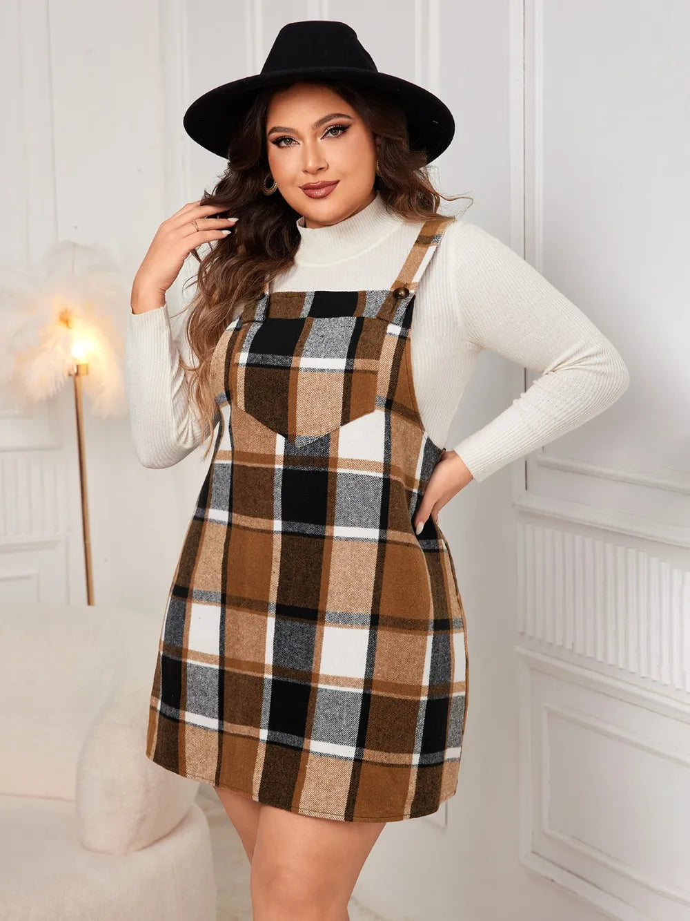Honey Plus Size Plaid Wide Strap Overall Dress - LoveNest Treasures