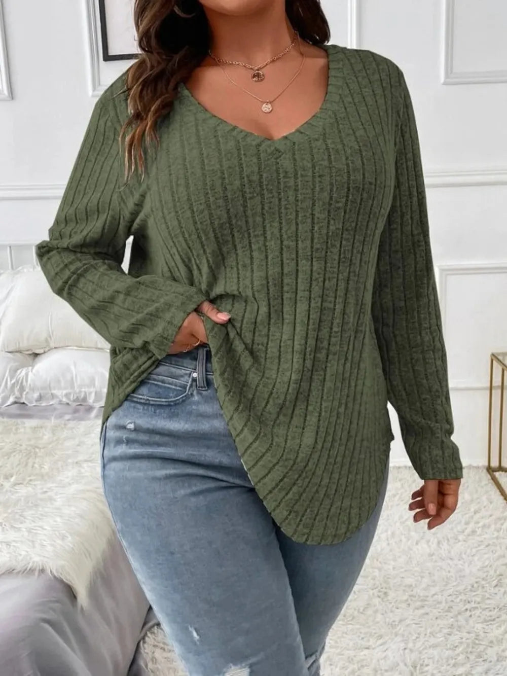 Plus Size V-Neck Long Sleeve T-Shirt - LoveNest Treasures