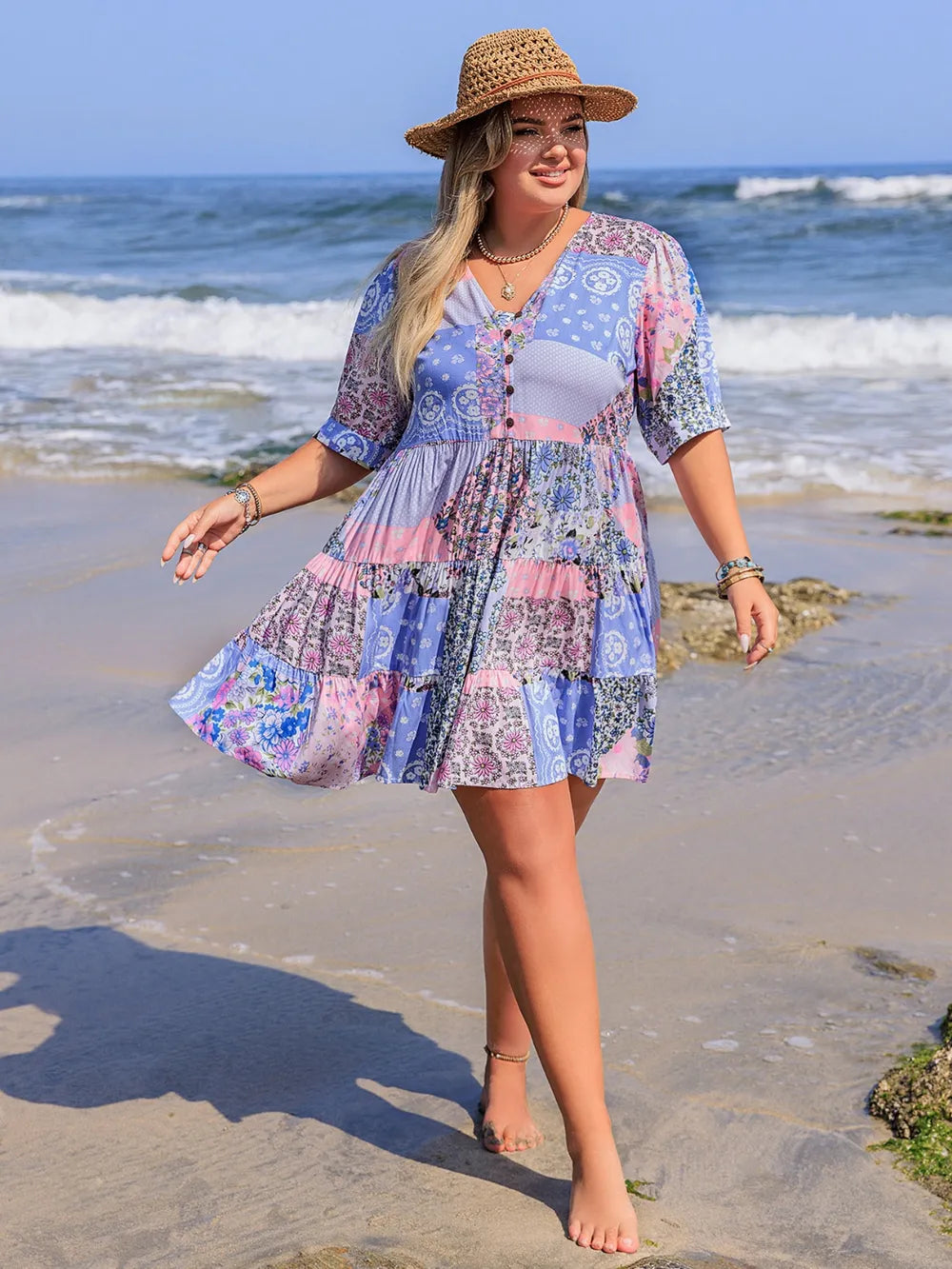 Plus Size Printed V-Neck Tiered Mini Dress - LoveNest Treasures