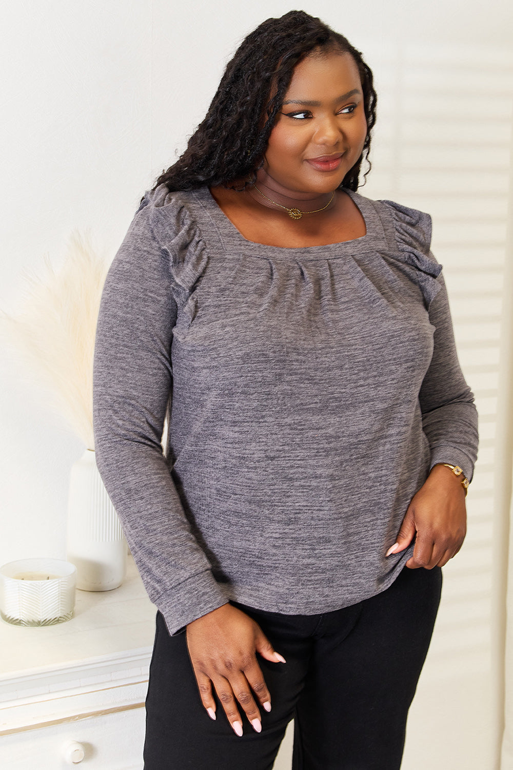 Double Take Square Neck Ruffle Shoulder Long Sleeve T-Shirt - LoveNest Treasures