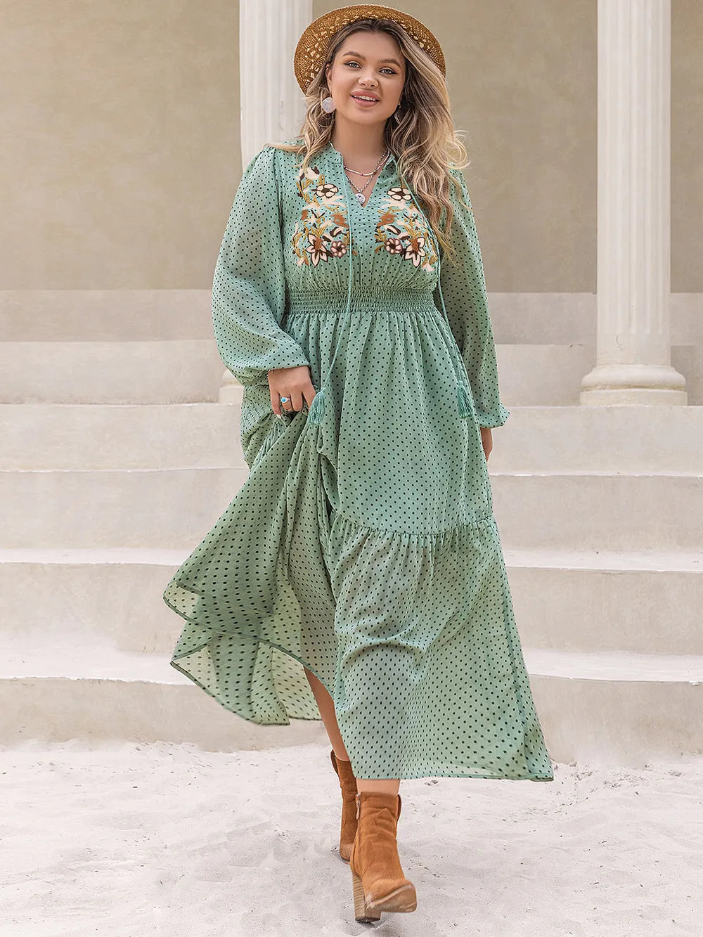 Plus Size Tassel Printed Tie Neck Long Sleeve Midi Dress - LoveNest Treasures