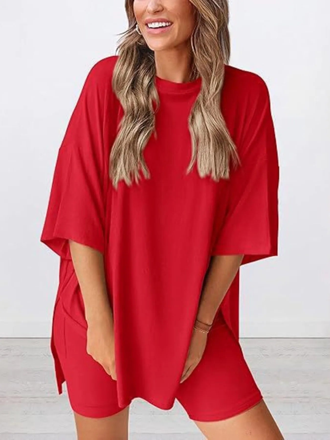 Full Size Oversized Round Neck Top and Shorts Set Plus Size - LoveNest Treasures