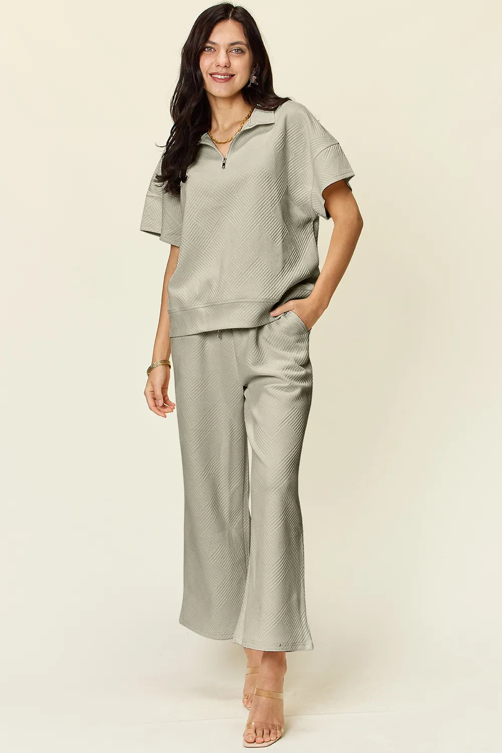 Double Take Full Size Texture Half Zip Short Sleeve Top and Pants Set - LoveNest Treasures