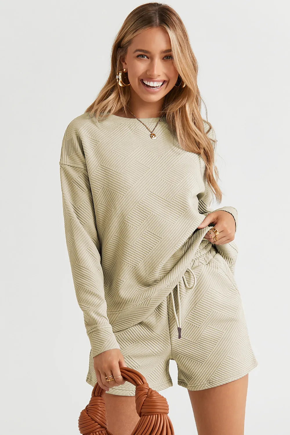 Double Take Full Size Texture Long Sleeve Top and Drawstring Shorts Set - LoveNest Treasures