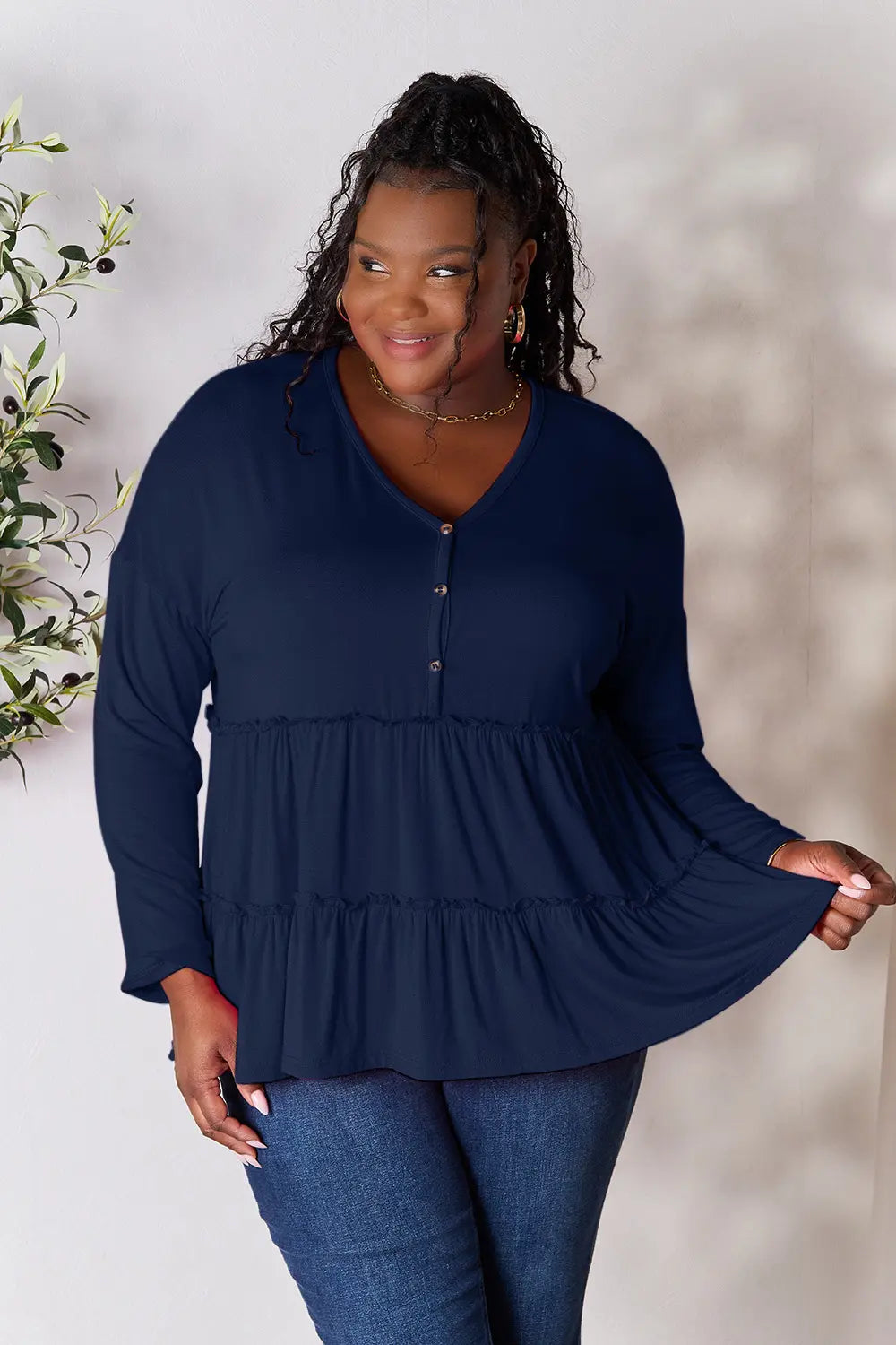 Double Take Half Button Long Sleeve Ruffle Hem Blouse - LoveNest Treasures