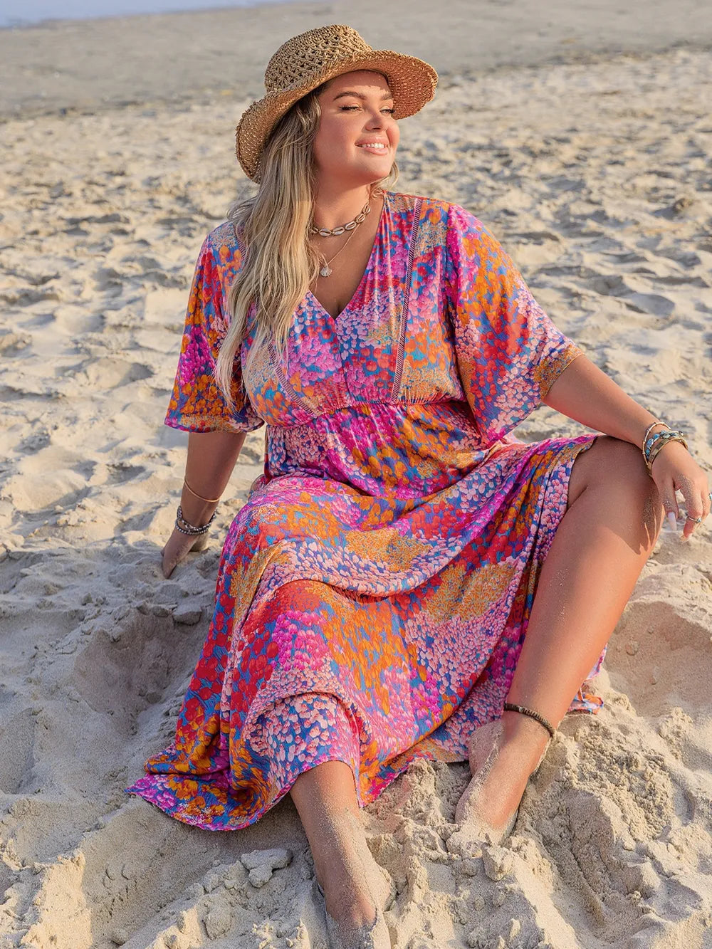Plus Size Printed V-Neck Half Sleeve Maxi Dress - LoveNest Treasures