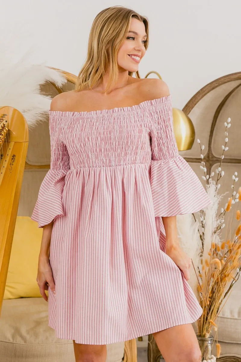 BiBi Smocked Off Shoulder Striped Dress - LoveNest Treasures